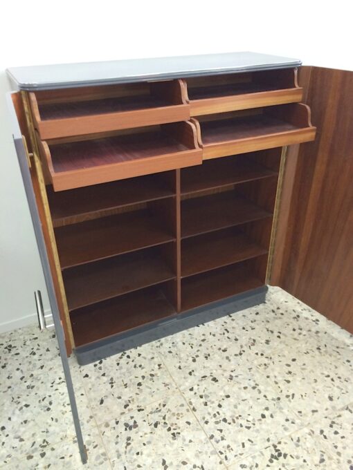 Art Deco Cabinet, circulating chromebars, big chrome fittings, handpolished, shelves and drawers