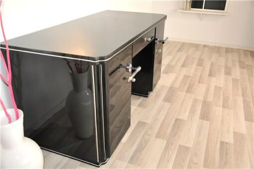 Classic art deco desk, highgloss black, chromehandles, fine chromelines, plenty of storage space