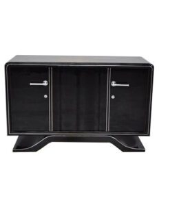 Highgloss Art Deco Sideboard, Pianolacquer, Chromelines, round Body Form, clean interior