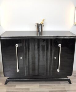 Art Deco Highboard, big chrome handles, highgloss black lacquer, plenty of storage space, clear design