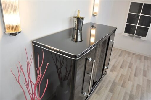 Art Deco Highboard, big chrome handles, highgloss black lacquer, plenty of storage space, clear design