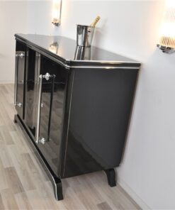 Art Deco Highboard, big chrome handles, highgloss black lacquer, plenty of storage space, clear design