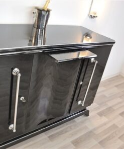 Art Deco Highboard, big chrome handles, highgloss black lacquer, plenty of storage space, clear design