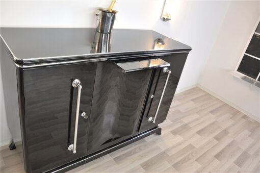 Art Deco Highboard, big chrome handles, highgloss black lacquer, plenty of storage space, clear design