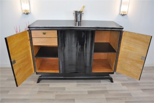 Art Deco Highboard, big chrome handles, highgloss black lacquer, plenty of storage space, clear design