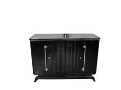 Art Deco Highboard, big chrome handles, highgloss black lacquer, plenty of storage space, clear design