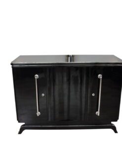 Art Deco Highboard, big chrome handles, highgloss black lacquer, plenty of storage space, clear design