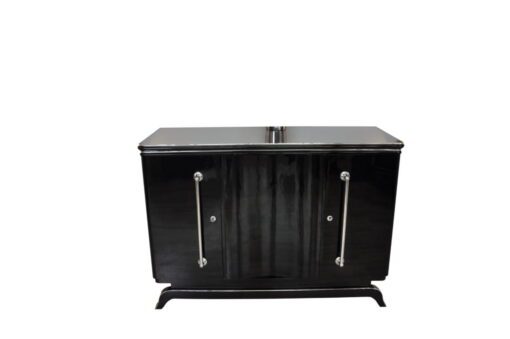 Art Deco Highboard, big chrome handles, highgloss black lacquer, plenty of storage space, clear design
