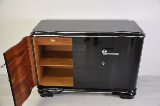 frenach art deco sideboard, unique body, highglossblack pianolacquer, 1938, swing doors