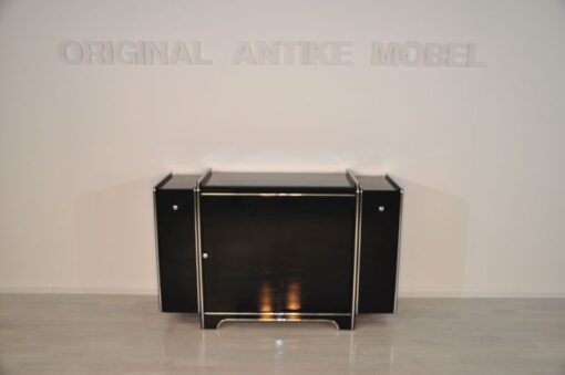 Art Deco Sideboard, highglossblack pianolacquer, fine chromlinies uand chrome handles, glass sliding door