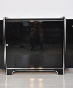 Art Deco Sideboard, highglossblack pianolacquer, fine chromlinies uand chrome handles, glass sliding door