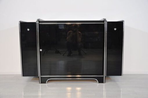 Art Deco Sideboard, highglossblack pianolacquer, fine chromlinies uand chrome handles, glass sliding door