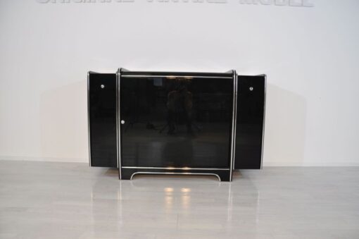 Art Deco Sideboard, highglossblack pianolacquer, fine chromlinies uand chrome handles, glass sliding door