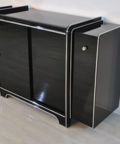 Art Deco Sideboard, highglossblack pianolacquer, fine chromlinies uand chrome handles, glass sliding door