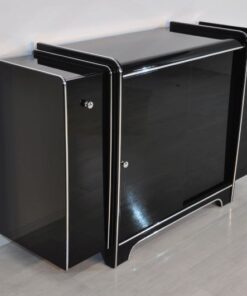 Art Deco Sideboard, highglossblack pianolacquer, fine chromlinies uand chrome handles, glass sliding door