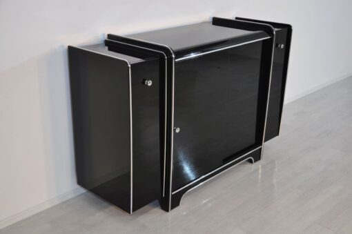 Art Deco Sideboard, highglossblack pianolacquer, fine chromlinies uand chrome handles, glass sliding door