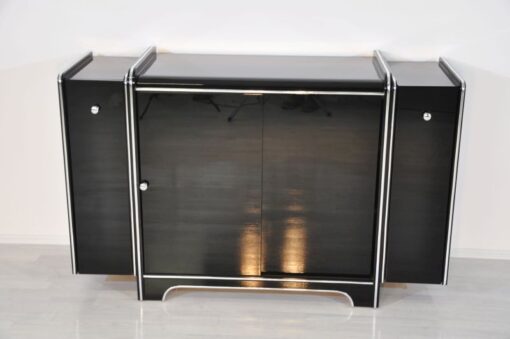 Art Deco Sideboard, highglossblack pianolacquer, fine chromlinies uand chrome handles, glass sliding door