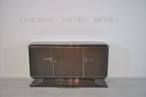 XXL Art Deco Sideboard, Metallic-Grey, seing foot, fine chrome details, interior made of mahogany, plenty of storage space, eyecatcher