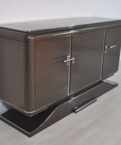XXL Art Deco Sideboard, Metallic-Grey, seing foot, fine chrome details, interior made of mahogany, plenty of storage space, eyecatcher