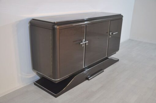 XXL Art Deco Sideboard, Metallic-Grey, seing foot, fine chrome details, interior made of mahogany, plenty of storage space, eyecatcher