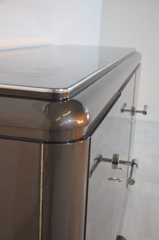 XXL Art Deco Sideboard, Metallic-Grey, seing foot, fine chrome details, interior made of mahogany, plenty of storage space, eyecatcher