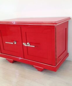 Red Art Deco commode, wonderfull color, big chromehandles, matt black interior, unique design