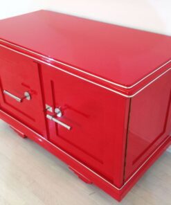 Red Art Deco commode, wonderfull color, big chromehandles, matt black interior, unique design