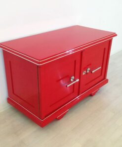 Red Art Deco commode, wonderfull color, big chromehandles, matt black interior, unique design