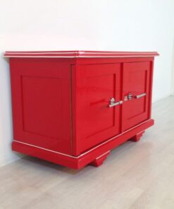 Red Art Deco commode, wonderfull color, big chromehandles, matt black interior, unique design