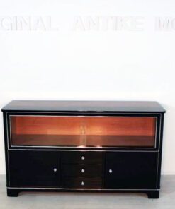 Art Deco Sideboard, Vitrine, Highgloss Lacquer, Chromelines, Glas- Slidingdoors