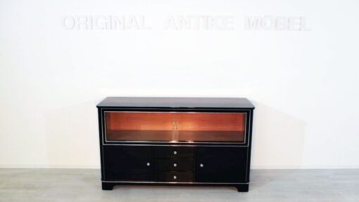 Art Deco Sideboard, Vitrine, Highgloss Lacquer, Chromelines, Glas- Slidingdoors