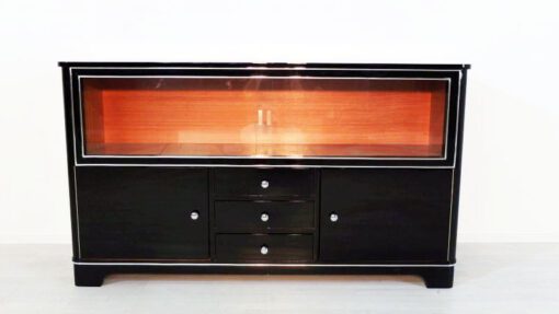 Art Deco Sideboard, Vitrine, Highgloss Lacquer, Chromelines, Glas- Slidingdoors