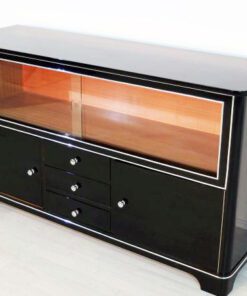 Art Deco Sideboard, Vitrine, Highgloss Lacquer, Chromelines, Glas- Slidingdoors