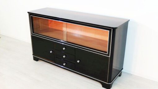 Art Deco Sideboard, Vitrine, Highgloss Lacquer, Chromelines, Glas- Slidingdoors