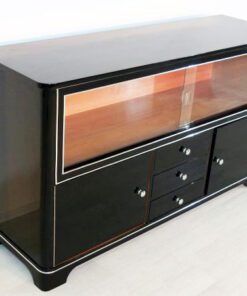 Art Deco Sideboard, Vitrine, Highgloss Lacquer, Chromelines, Glas- Slidingdoors