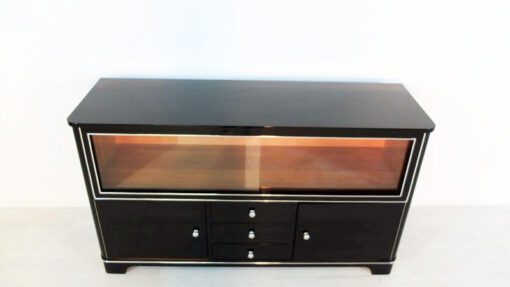 Art Deco Sideboard, Vitrine, Highgloss Lacquer, Chromelines, Glas- Slidingdoors