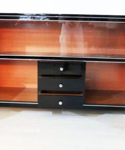 Art Deco Sideboard, Vitrine, Highgloss Lacquer, Chromelines, Glas- Slidingdoors