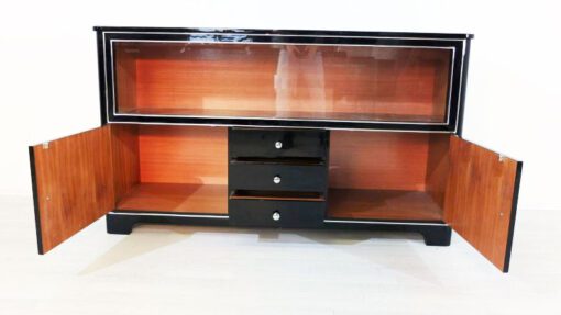 Art Deco Sideboard, Vitrine, Highgloss Lacquer, Chromelines, Glas- Slidingdoors