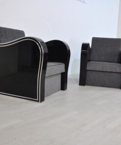 Wonderful Art Deco Armachair with great armrests.curved armrests first class upholstery made of grey fabricchromebarsout of a set of four / also available with black leather