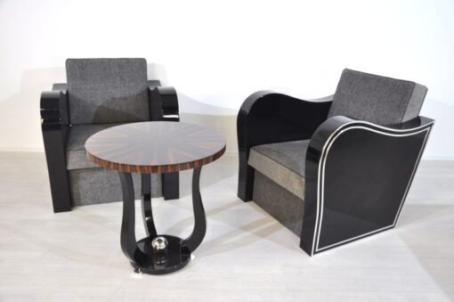 Wonderful Art Deco Armachair with great armrests.curved armrests first class upholstery made of grey fabricchromebarsout of a set of four / also available with black leather