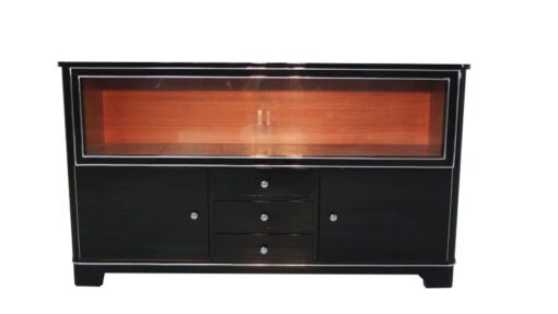 Art Deco Sideboard, Vitrine, Highgloss Lacquer, Chromelines, Glas- Slidingdoors