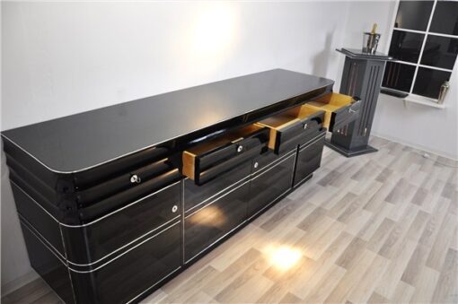 Art Deco, Sideboard, Buffet, XXL, extra big, chromliner, chromelines, highgloss, black, pianolacquer, design, furniture, storage, living room