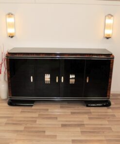 Art Deco, Sideboard, Buffet, French, pinaolacquer, mahogany, details, design, black, veneer, chorme, handles, bars, glass shleves