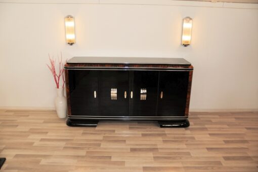 Art Deco, Sideboard, Buffet, French, pinaolacquer, mahogany, details, design, black, veneer, chorme, handles, bars, glass shleves