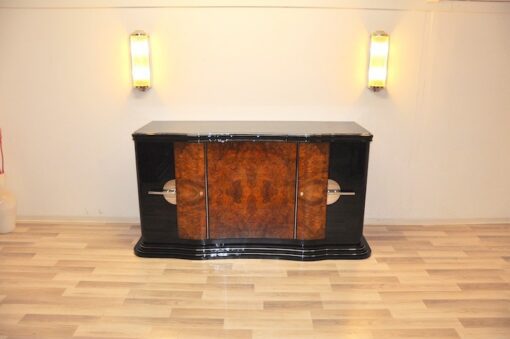 Art Deco, Curved, Credenza, Sideboard, Buffet, Era, Walnu, Veneer, body shape, furniture, antique, vintage, stair foot, black,