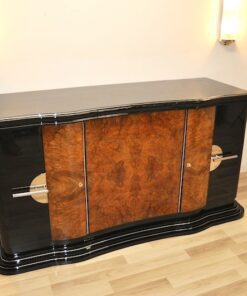 Art Deco, Curved, Credenza, Sideboard, Buffet, Era, Walnu, Veneer, body shape, furniture, antique, vintage, stair foot, black,