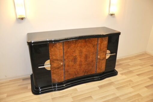 Art Deco, Curved, Credenza, Sideboard, Buffet, Era, Walnu, Veneer, body shape, furniture, antique, vintage, stair foot, black,