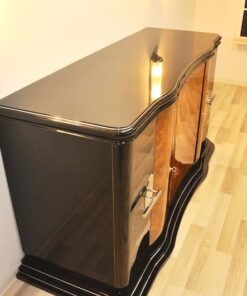 Art Deco, Curved, Credenza, Sideboard, Buffet, Era, Walnu, Veneer, body shape, furniture, antique, vintage, stair foot, black,