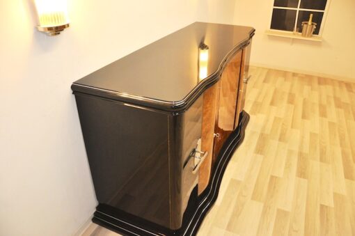 Art Deco, Curved, Credenza, Sideboard, Buffet, Era, Walnu, Veneer, body shape, furniture, antique, vintage, stair foot, black,