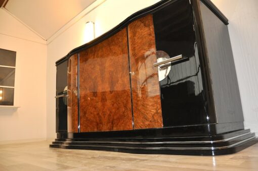 Art Deco, Curved, Credenza, Sideboard, Buffet, Era, Walnu, Veneer, body shape, furniture, antique, vintage, stair foot, black,